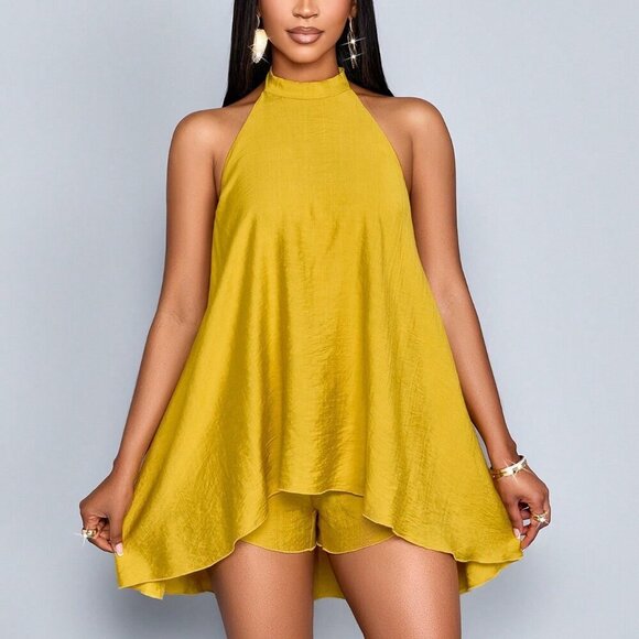 Yellow Casual Women's Elegant Halter Neck Backless Sleeveless Jumpsuit - Picture 4 of 8